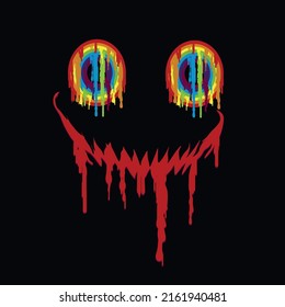 Smiling crazy face with colorful eyes, tattoo, emblem, t-shirt background, logo, art, original design, idea for your design