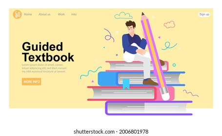 Smiling creative man holding a big pencil. Male Character with Huge Pencil Sit on Books. User Reading Guidebook and Writing Technical Instructions. Cartoon Vector Illustration.