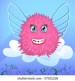 Smiling creature with wings on a cloud. Vector.