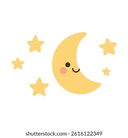 Smiling crescent moon with cheerful stars in a yellow night sky, great for bedtime prints, dream-themed art, and playful celestial decor for kids.