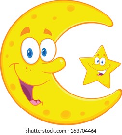Smiling Crescent Moon And Happy Little Star Cartoon Characters. Vector Illustration Isolated on white