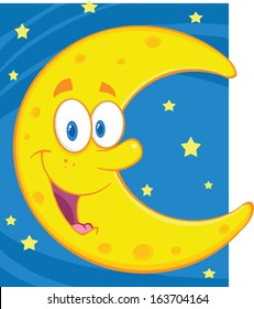 Smiling Crescent Moon Over Blue Sky With Stars. Vector Illustration