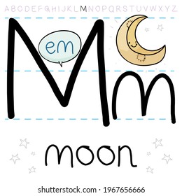 Smiling crescent Moon, practicing the grammar lesson for letter 'M' in English alphabet and its pronunciation.