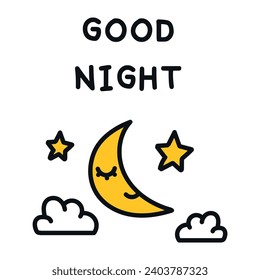 Smiling crescent moon with stars and clouds, and ‘Good Night’ text on a white background.