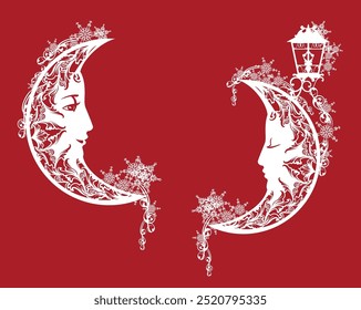 smiling crescent moon with street light lamp among snowflakes decor - sweet dreams winter season concept red and white vector design