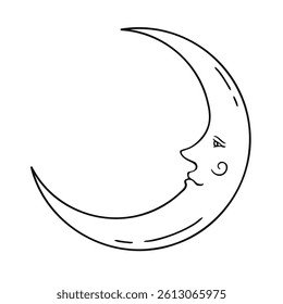 Smiling crescent moon vector illustration in medieval style. Outline drawing of half-moon face, astrological and celestial symbol. Vintage stylized pen and ink sketch for cards, logo, printing design.