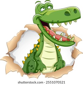 Crocodilo sorridente emergindo de uma parede de papel rasgada