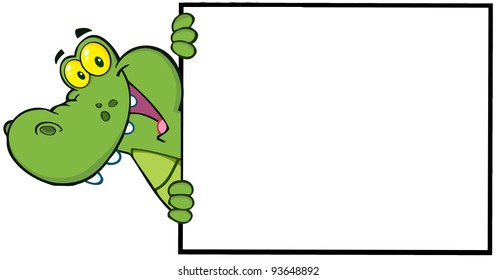Smiling Crocodile Looking Around A Blank Sign