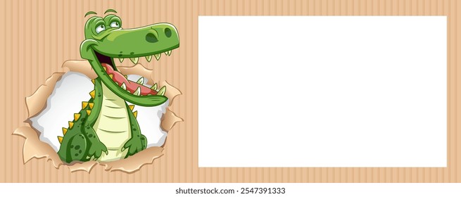 Smiling crocodile peeking through a torn paper frame