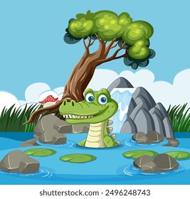 Smiling crocodile in a scenic pond