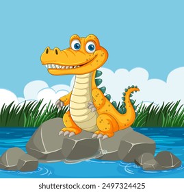 Smiling crocodile sitting on rocks by water