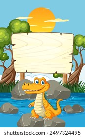 Smiling crocodile standing on rocks in river