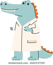 A smiling crocodile stands upright wearing a lab coat in a playful cartoon style. The reptile has a friendly expression and orange scales on its back. Cartoon vector illustration.
