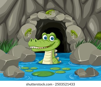 Smiling crocodile in water near cave entrance