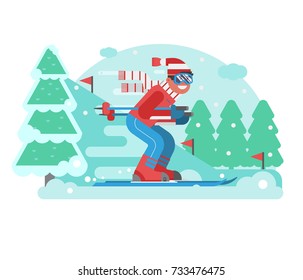 Smiling cross country skier riding on ski track on snowy winter background. Mountain skiing competition concept illustration with sportsman in motion. Young man on skis moving on snow forest scene.