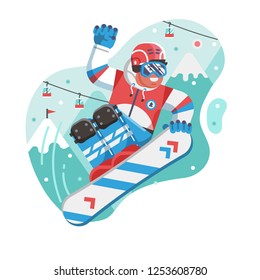 Smiling cross country snowboarder jumping on ski resort background. Freeride snowboard man character in motion concept scene. Mountain freestyle skier jump on snow hill.