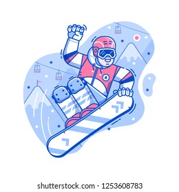 Smiling cross country snowboarder jumping on ski resort background. Freeride snowboard man character in motion concept scene. Mountain freestyle skier jump on snow hill.