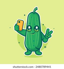 smiling cucumber character mascot taking a selfie with a smartphone isolated cartoon