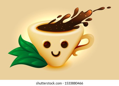 Smiling cup of coffee. Coffee character and leaves. Good illustration for 1st March - Barista Day.