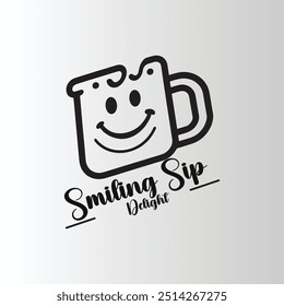 Logo de taza sonriente con una expresión alegre, perfecto para marcas de bebidas, cafés o cafeterías. El diseño transmite calidez y placer, lo que lo hace ideal para la marca que enfatiza la alegría y la referencia