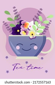A smiling cup of tea surrounded by flowers. best for illustrating break time, my time. leisure enjoyment symbol, tea time, break, enjoying tea.
