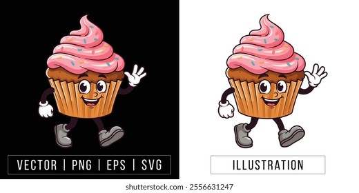 Smiling Cupcake Cartoon Mascot with Pink Frosting and Sprinkles - Fun Bakery Character Illustration