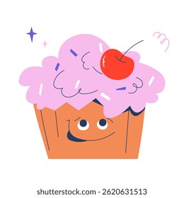 Smiling cupcake with pink frosting, cherry and cartoon face. Funny dessert illustration perfect for kids, sweets or celebration projects