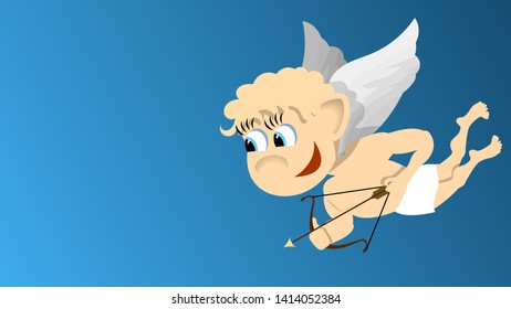 smiling cupid with bow and arrow flies in the sky. cartoon character. vector