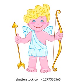 Smiling cupid with bow and arrow on white background