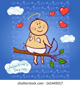 Smiling cupid with bow sitting on a branch, vector illustration