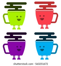 The smiling cups, cup character, smile, red, green, blue, violet,flat design,vector image