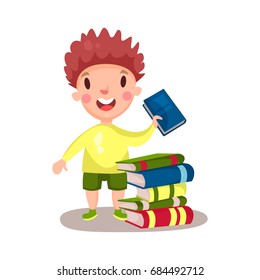 Smiling curly boy standing next to a pile of books, education and knowledge concept, colorful character vector Illustration