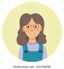 Smiling curly girl in glasses for vision correction. Cheerful cartoon character. Woman in overalls. Caucasian woman avatar. Vector flat illustration.Optics concept. Casual style.