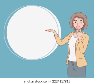 smiling curly hair business woman wearing a suit open hand palm showing copy space for text. girl looked excited and surprised. hand drawn with thin lines style.
