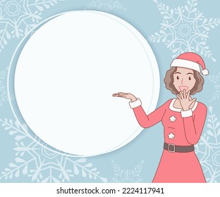 smiling curly hair woman in red santa claus outfit open hand palm showing copy space for text. girl looked excited and surprised on paper cut background. merry christmas and new year.