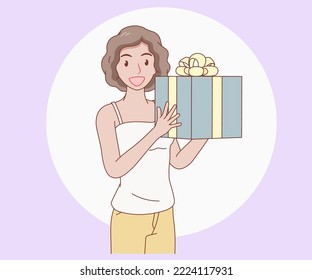 smiling curly hair woman wearing a white plain camisole shirt or tank top holding a gift box. girl looked excited and surprised. hand drawn with thin lines style.