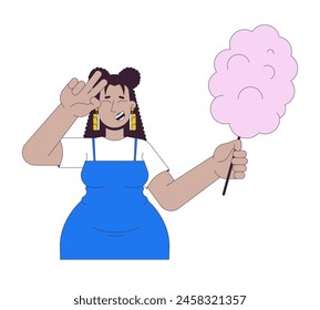 Smiling curvy latina woman with candy floss 2D linear cartoon character. Latin american obese female showing v sign isolated line vector person white background. Lifestyle color flat spot illustration