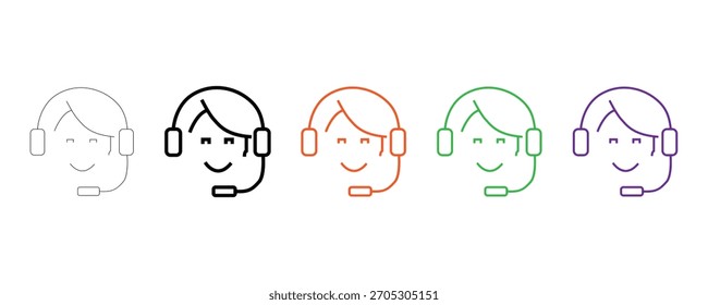 Smiling Customer Service Agent Icon Set: Símbolos de Arte de Linha Diversa para Suporte e Comunicação