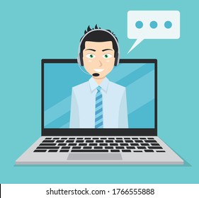Smiling customer service man on notebook screen.