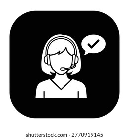 Smiling customer support agent wearing headset with speech bubble and checkmark symbol, conveying satisfaction and help