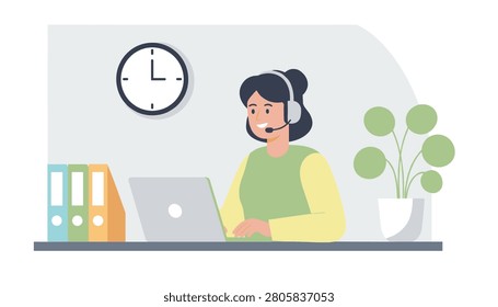 Smiling customer support agent working on a laptop computer at her desk with binders and a wall clock in the background.