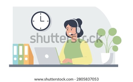 Smiling customer support agent working on a laptop computer at her desk with binders and a wall clock in the background.