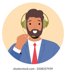 Carácter Sonriente Del Representante De La Asistencia al cliente Que Lleva Un Auricular Y Un Traje, Que Indica Profesionalismo Y Amistad. Concepto De Servicio al cliente Y Asistencia De Clientes. Ilustración vectorial de dibujos animados