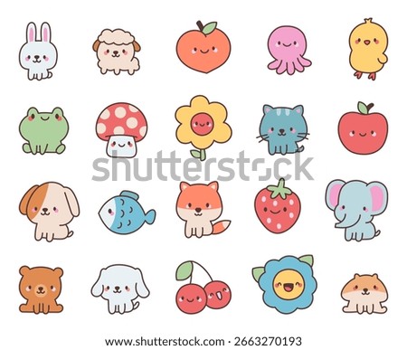 Smiling cute animals and plants set showing charming kawaii characters posing together creating positive mood perfect for cartoon adorable illustration suitable for design projects