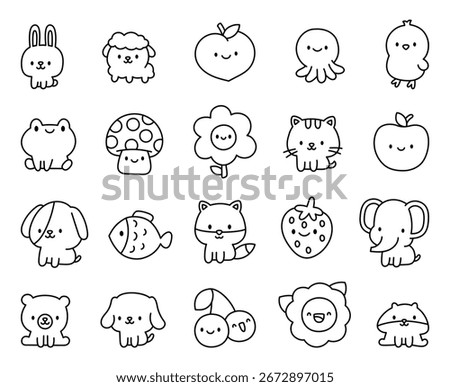Smiling cute animals and plants set showing charming kawaii characters posing together creating positive mood perfect for cartoon adorable illustration suitable for design projects