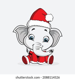 Smiling cute baby elephant Santa Claus.