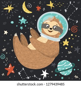 Smiling cute baby sloth astronaut flying in the open space among stars, moon and planet. Adorable animal illustration in the childish style. Vector hand drawn cartoon funny sloth in a helmet.