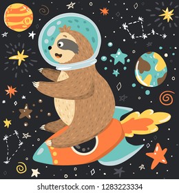 Smiling cute baby sloth astronaut sits on the rocket and flying in the open space among stars, moon, planets. Adorable animal illustration in the childish style. Vector cartoon funny sloth in a helmet