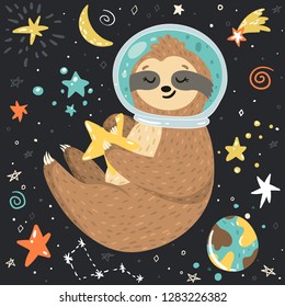 Smiling cute baby sloth astronaut holding star and flying in the open space among stars, moon, planets. Adorable animal illustration in the childish style. Vector cartoon funny sloth in a helmet