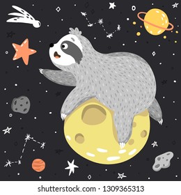 Smiling cute baby sloth astronaut lying on the moon and trying take the star. Adorable animal illustration in the childish style. Vector cartoon funny sloth in open space